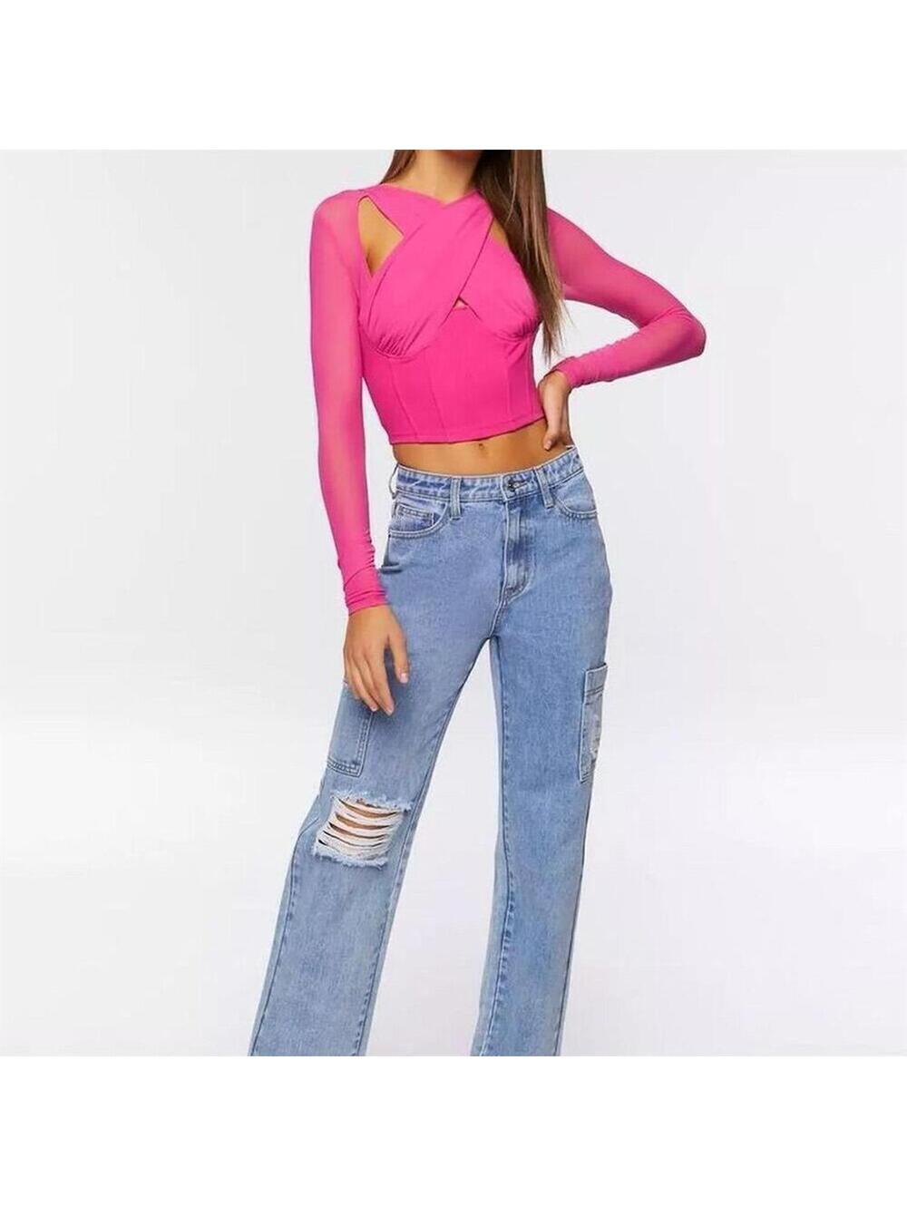 Forever 21 Hot Pink Crisscross Long Sleeve Crop Top M